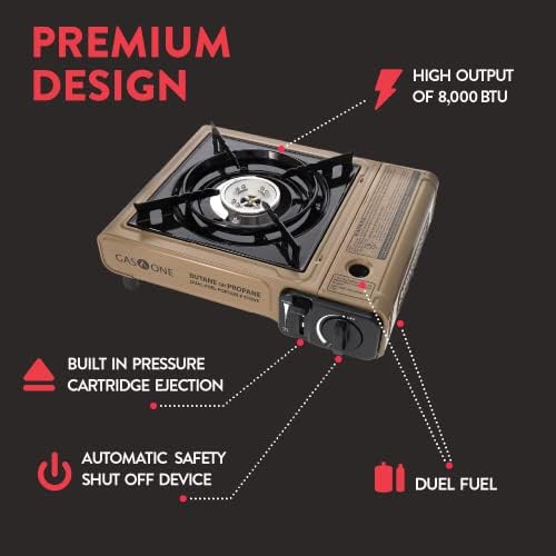 Gas One Propane or Butane Stove GS-3400P Dual Fuel Portable Camping and Backpacking Gas Stove Burner with Carrying Case Great for Emergency Preparedness Kit (Gold) (Stove + 4 Butane Fuel)