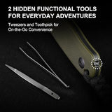 Kizer Drop Bear Fixed Blade Knife, 2.57" Black Stonewash D2 Blade EDC Camping Knife with Olive Green G10 Handle & Hidden Tool, Full Tang Hunting Survival Knives with Adjustable Kydex Sheath, 1094M1