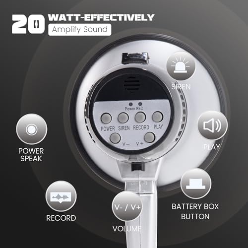 MyMealivos Portable Megaphone Bullhorn 20 Watt Power Megaphone Speaker Voice and Siren/Alarm Modes with Volume Control and Strap (Silver)…