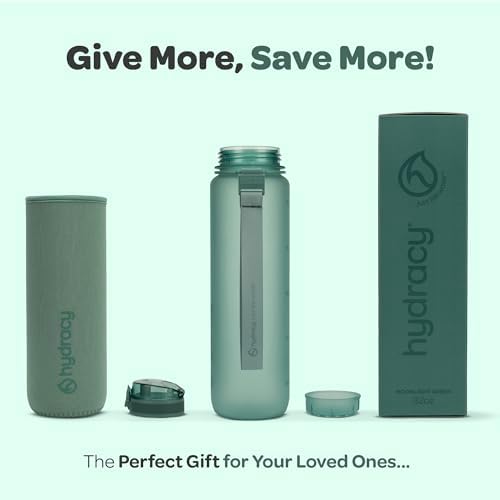 Hydracy Water Bottle with Time Marker -Large BPA Free Water Bottle & No Sweat Sleeve -Leak Proof Gym Bottle with Fruit Infuser Strainer & Times to Drink -Ideal for Fitness Sports & Outdoors