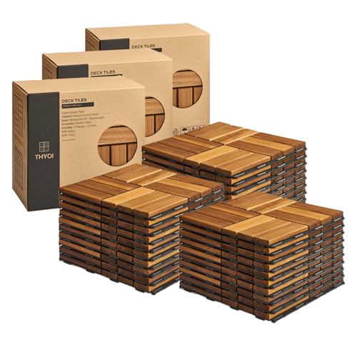 30 Pcs Interlocking Deck Tiles, Patio Flooring - Outdoor Waterproof Acacia Wood Tiles for All Weather Use - Balcony, Backyard, Indoor & Outdoor (Golden Teak, 30 Pcs - 36.3 Square ft)