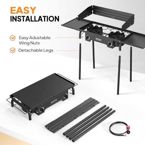 ROVSUN 2 Burner Outdoor Propane Gas Stove with Regulator, Windpanel, Bag & Side Shelves, 150,000 BTU Powerful Stand Cooker for Backyard Cooking Camping Home Brewing Canning Turkey Frying