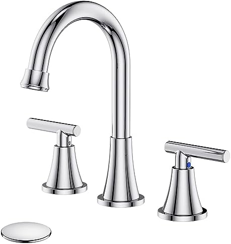 Bathroom Faucets for Sink 3 Hole, Hurran Chrome Bathroom Sink Faucet with Pop-up Drain and Supply Lines, Stainless Steel Lead-Free Widespread Faucet for Vanity RV Farmhouse Sink