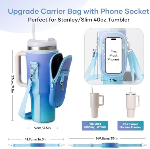 linmaya Water Bottle Carrier Bag with Phone Pocket for Stanley Cup 40/30oz,Insulated Neoprene Water Bottle Holder Cross-boday Bag with Adjustable Shoulder & Handheld Strap Stanley Cup Accessories