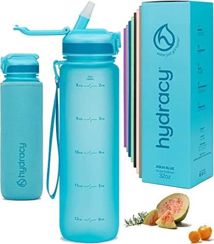 Hydracy Water Bottle with Time Marker -Large BPA Free Water Bottle & No Sweat Sleeve -Leak Proof Gym Bottle with Fruit Infuser Strainer & Times to Drink -Ideal for Fitness Sports & Outdoors