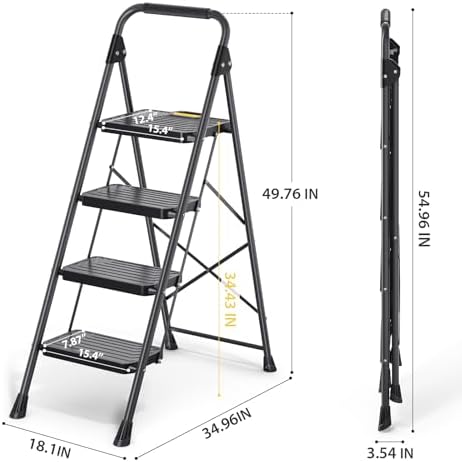 KINGRACK 4 Step Ladder, Sturdy Steel Step Stool with Anti-Slip Wide Pedals, Handrail, Safe-Lock Design, Pass 800lbs Load Testing, Folding Portable Ladder for Multi-Purpose, Home, Kitchen, Black