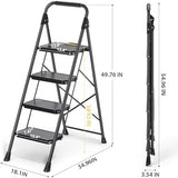 KINGRACK 4 Step Ladder, Sturdy Steel Step Stool with Anti-Slip Wide Pedals, Handrail, Safe-Lock Design, Pass 800lbs Load Testing, Folding Portable Ladder for Multi-Purpose, Home, Kitchen, Black