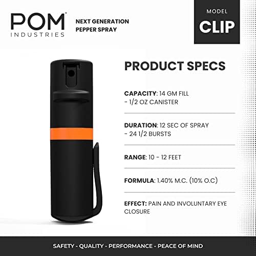 POM Pepper Spray Pocket Clip, Quick Flip Top Safety, Maximum Strength OC Formula with UV Marking Dye, Safe Compact and Tactical Design for Everyday Carry, 25 Bursts, 10 ft Range, 0.5 fl oz