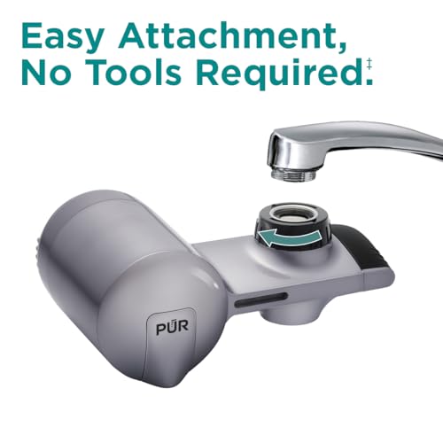 PUR PLUS Horizontal Faucet Mount Water Filtration System with 3-in-1 Lead Reducing Filter for Great-Tasting Filtered Tap Water, Lasts 100 Gallons, Fits Most Kitchen or Bathroom Faucets, Metallic Grey