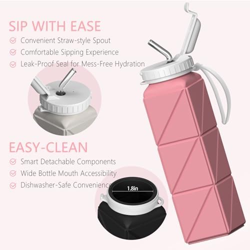 Collapsible Water Bottles 20.6oz, Silicone Foldable Portable Travel Water Bottle, Folding Lightweight Reusable Leakproof for Traveling Camping Hiking Cycling Yoga Sports Outdoor
