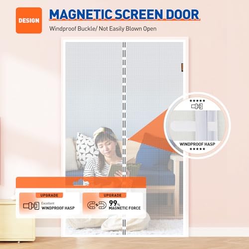 MAGZO Magnetic Screen Door Fit Door Size 60 x 80 Inch, Screen Size 62" x 81" Reinforced Middle Opening Mesh Sturdy Polyester Curtain for Doors-White