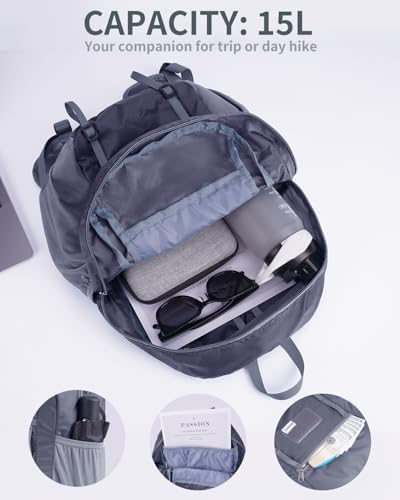 15L Small Hiking Backpack with Chest Pockets for Phone, Ultralight Hiking Daypack with Sternum Straps, Lightweight Foldable Packable Back Pack for Women Men(patent pending)