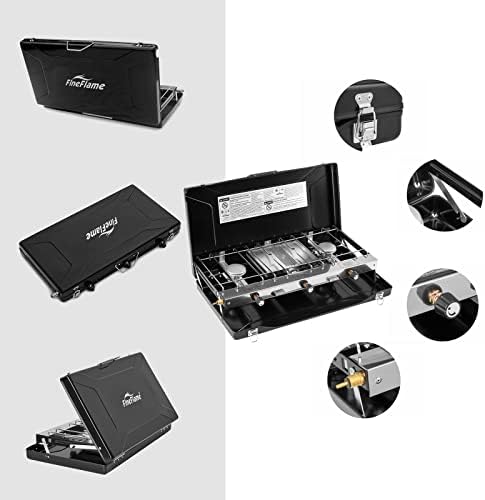 Camping Stove, 3 Burners Propane Portable Camp Stove with Regulator, Push-Button Instant Ignition, Adjustable Burners & Wind Guards for Car BBQ Picnics Outdoor Cooking (BLACK-20400 BTUs)