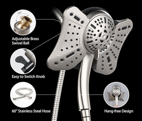 GRICH 2.5GPM Shower Heads with Handheld Spray Combo: 2 in 1 Rain Shower Head with Handheld Spray,Detachable High Pressure Shower Heads, 9 Spray Modes Adjustable Showerhead with 60 Inch Hose, Nickel