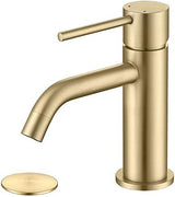 Brushed Gold Bathroom Faucet, Single Handle Brass Sink Faucet Bathroom Single Hole with Pop Up Sink Drain Assembly and Water Faucet Supply Lines