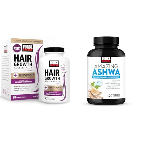 Force Factor Hair Growth Accelerator Capsules, Lustriva & Biotin to Promote Thicker, Stronger, Fuller Hair, 90ct + Amazing Ashwa Ashwagandha Supplement with KSM-66 Ashwagandha for Stress, 120 Tablets