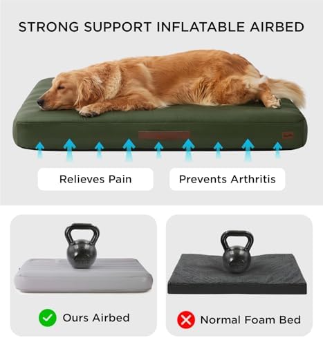 Made4Pets Inflatable Dog Bed Outdoor Waterproof – Self-Inflating Dog Camping Bed for Medium to Large Breeds, Heavy-Duty Oxford Fabric, Foldable Travel Pet Bed with Built-in Pump, Green, 44"x32"x4"