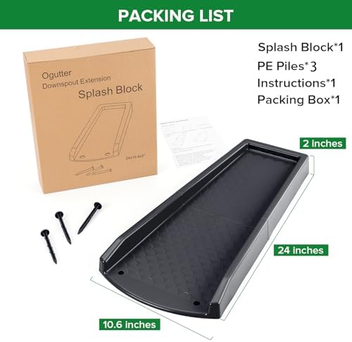 Splash Blocks for Gutters Downspouts, 24" Downspout Extensions for Rain Water Drainage, Thickened Gutter Splash Guard with Fixing Piles(1 Pack, Black)