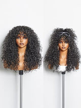 GORGIUS Glueless Curly Wig with Bangs Natural Black Synthetic Curtain Bang with Realistic Scalp Put On and Go 20 Inch