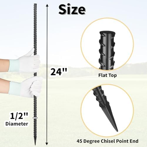 24 Inches Straight Rebar Stakes(20-Pack), 1/2" Diameter Steel Metal Stakes for Garden with Chisel Point End Heavy Duty Ground Anchors for Landscape, Concrete Form, Camping & Trapping Black