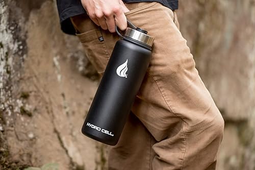 HYDRO CELL Stainless Steel Insulated Water Bottle with Straw - For Cold & Hot Drinks - Metal Vacuum Flask with Screw Cap and Modern Leakproof Sport Thermos for Adults (Black 40oz)