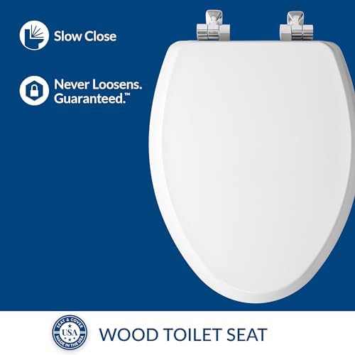Mayfair Bennett Toilet Seat with Chrome Hinges, Slow Close Wood Seat, Secure Metal Hinges, Easy Install, Made in USA, Elongated, White