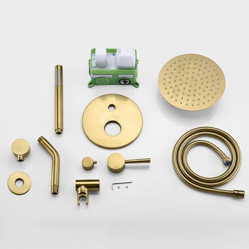 sumerain Brushed Gold Shower Faucet System with high pressure 8 Inches rain shower head and brass hand shower, Rough-In Valve Body and Trim Included