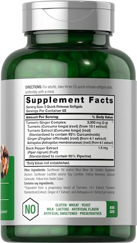 Horbaach Turmeric & Ginger Supplement – 3000mg with Black Pepper Extract – Non-GMO, Gluten-Free – 180 Softgels