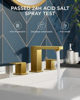 FORIOUS Square Gold Bathroom Faucet Widespread 8 Inch, 2 Handle Brushed Gold Bathroom Sink Faucet 3 Hole with Metal Drain, 24" CUPC Supply Lines and Spare Aerator, Vanity Sink Remodel
