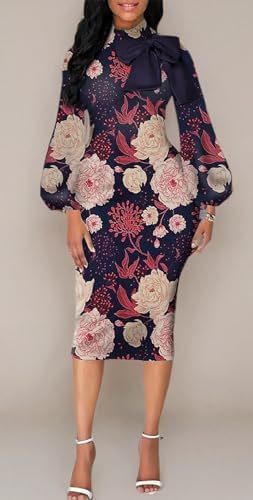 BestGirl Women's Bishop Sleeve Bodycon Dresses Work Casual Floral Print Pencil Midi Dresses