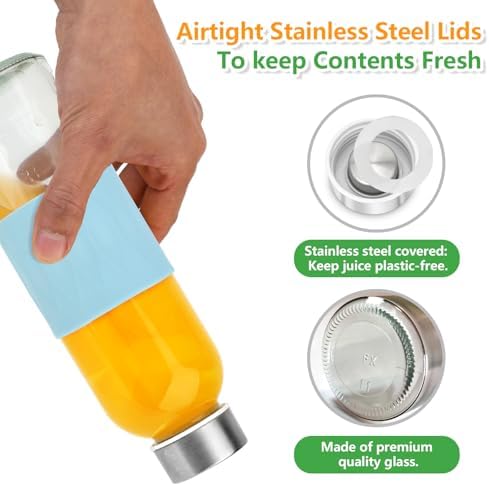 Zukro Glass Water Bottles with Lids 18 oz, Reusable Clear Juice Bottles Stainless Steel Airtight Cap for Juicing, 100% Leak Proof Juice Drinking Jar With Sleeve for Refrigerator, BPA Free, Set of 3