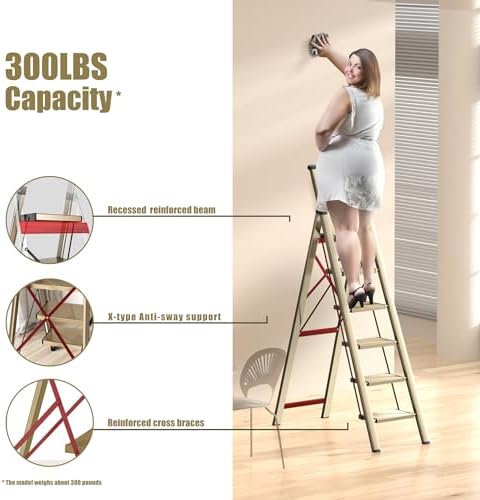 6 Step Ladder, Folding Step Stool with Handgrip and Anti-Slip Wide Pedal, Portable Lightweight Aluminum Stepladder for Kitchen, Home, Library, Office (300 lbs Capacity) - Gold