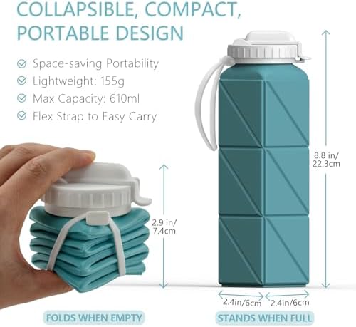 Collapsible Water Bottles 20.6oz, Silicone Foldable Portable Travel Water Bottle, Folding Lightweight Reusable Leakproof for Traveling Camping Hiking Cycling Yoga Sports Outdoor