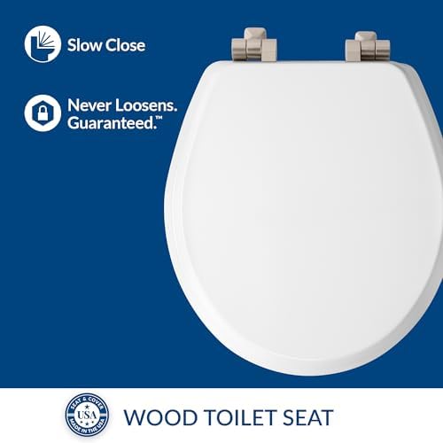Mayfair Bennett Toilet Seat with Brushed Nickel Hinges, Slow Close Wood Seat, Secure Metal Hinges, Easy Install, Made in USA, Round, White