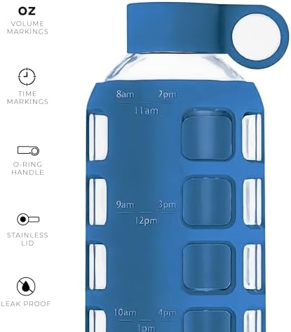 purifyou 40/32/22/12 oz Borosilicate Glass Water Bottles with Volume Markers, Silicone Sleeve, Stainless Steel Lid, Reusable Bottle for Water, Juice, Gym, and Fridge Storage (22oz Chinese Porcelain)