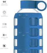 purifyou 40/32/22/12 oz Borosilicate Glass Water Bottles with Volume Markers, Silicone Sleeve, Stainless Steel Lid, Reusable Bottle for Water, Juice, Gym, and Fridge Storage (22oz Chinese Porcelain)