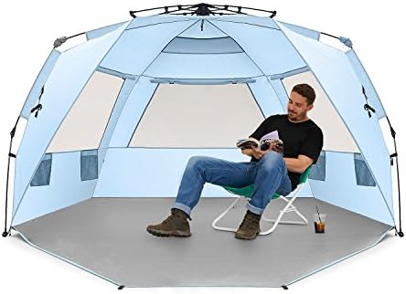 Easthills Outdoors Instant Shader Deluxe XL Beach Tent Easy Up 99" Wide for 4-6 Person Sun Shelter - Extended Zippered Porch Included Blue