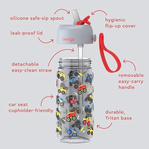 Bentgo Kids Water Bottle - Leak-Proof, Durable Tritan, BPA-Free 15 oz. Cup for Kids/Toddlers Ages 3+, Safe Sip Spout, Carrying Handle, & Dishwasher Safe for School, Sports, Daycare & Camp (Trucks)