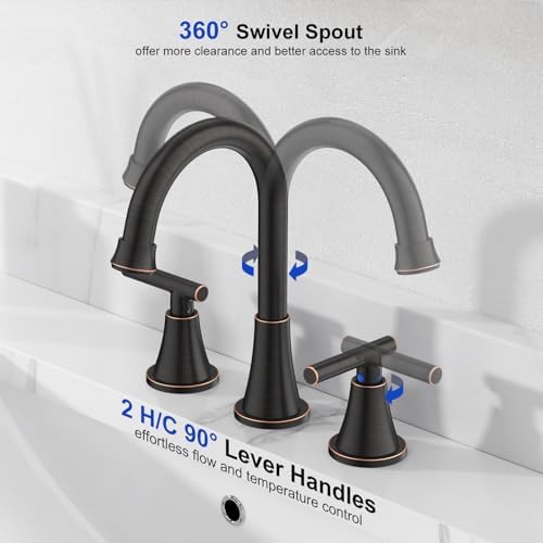 Bathroom Faucets for Sink 3 Hole, Hurran Oil Rubbed Bronze Bathroom Sink Faucet with Pop-up Drain and Supply Lines, Stainless Steel Lead-Free Widespread Faucet for Vanity RV Farmhouse