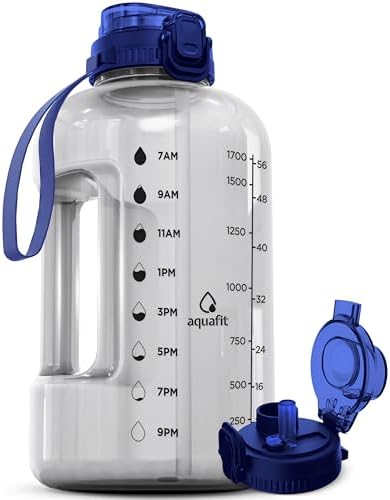 AQUAFIT 64 oz Water Bottle with Time Marker - Straw & Chug Lid - BPA Free Big Water Bottle with Straw - Gym Water Bottle with Handle - Gallon Water Jug (64 Ounces, Clarity)