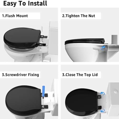 Toilet Seat Rround 16.5inch Soft Close， Toilet Lid Round PP Material Safe & Easy Clean & Quick Installation, Sturdy Accessories Never Loosen， 2 Years Support, Black…