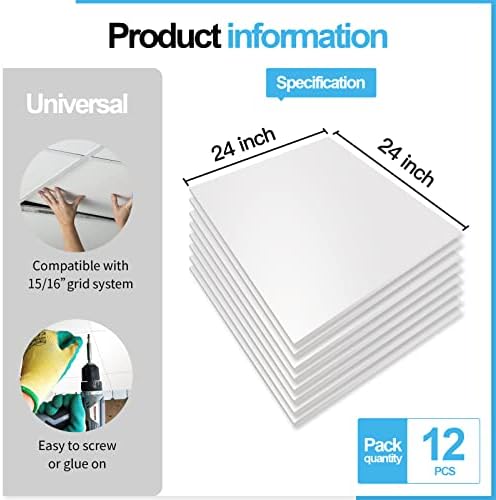 Art3d 12-Pack Smooth Drop Ceiling Tile 2ft x 2ft - Fire-Rated, Waterproof, Reusable - Preimum PVC, No Sag and Breakage - Cover 48 Sq. Ft, White
