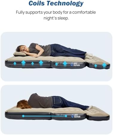 JOYTUTUS 5-5.2Ft Truck Bed Air Mattress with Removable Tailgate Extension, Compatible with Tacoma&Ranger,Thickened Inflatable Compact Short Truck Beds, with Air Pump&2 Pillows,Camel&Black