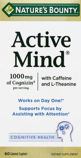 Nature's Bounty Active Mind Dietary Supplement, Supports Focus and Attention, 1000 mg Cognizin with L-Theanine and Caffeine Pills, 60 Caplets