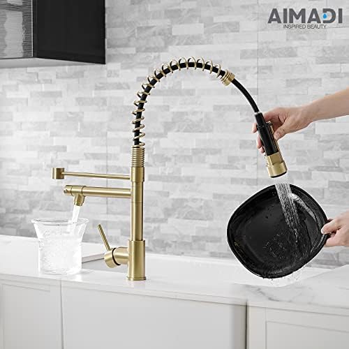Brushed Gold Kitchen Faucet with Pull Down Sprayer, AIMADI Commercial Gold Kitchen Sink Faucet Single Handle Spring Two Nozzles Faucets