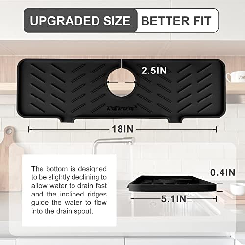 Meiliweser Silicone Faucet Splash Guard Gen 2 - Outlet & Slope Upgraded Faucet Water Catcher Mat - 18” x 5.1” - Sink Sponge Holder for Kitchen, Bathroom(Black)