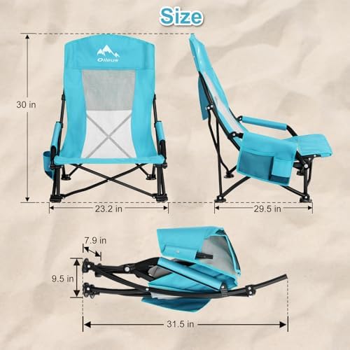 Oileus Folding Portable Beach Chair, High-Back Low-Seat Lightweight Chair for Beach Tents, Shelters, and Camping, Full Mesh Backrest | Cup Holder | Storage Bag | Carrying Bag | 2 Armrests