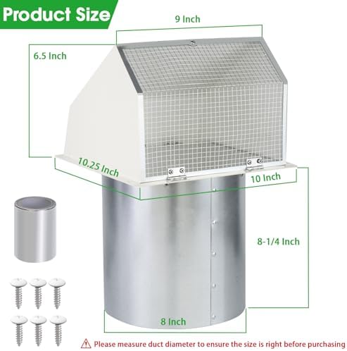 8 Inch Hooded Wall Vent with Screen and Damper,Outdoor Wall Exhaust Vent Cover Wall Cap for Exterior Kitchen Range Hood Ventilation Dryer HVAC Duct Air Exhaust, Galvanized Steel, White