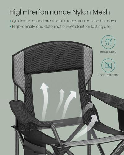 SONGMICS Camping Chair, Folding Lawn Chair with Cooler Bag, 352 lb Weight Capacity, Adjustable Armrests with Cup Holder, Storage Bag, Breathable Nylon Mesh, for Sports Games, Ink Black UGCB060B01