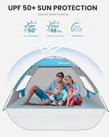OutdoorMaster Beach Tent for 3 Person with 2 Doors, Easy Setup Sun Shade Shelter, Portable Beach Shade Sun Canopy with UPF 50+ UV Protection, Extendable Floor with Carrying Bag - Blue